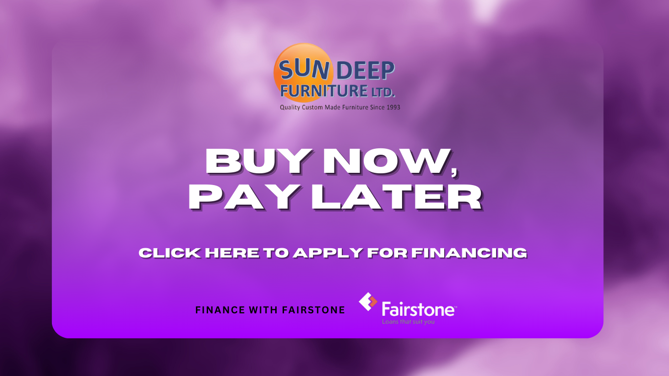 Sun Deep Furniture Ltd. promotional banner with a purple background, offering 'Buy Now, Pay Later' financing through Fairstone, and a call to click for financing application.