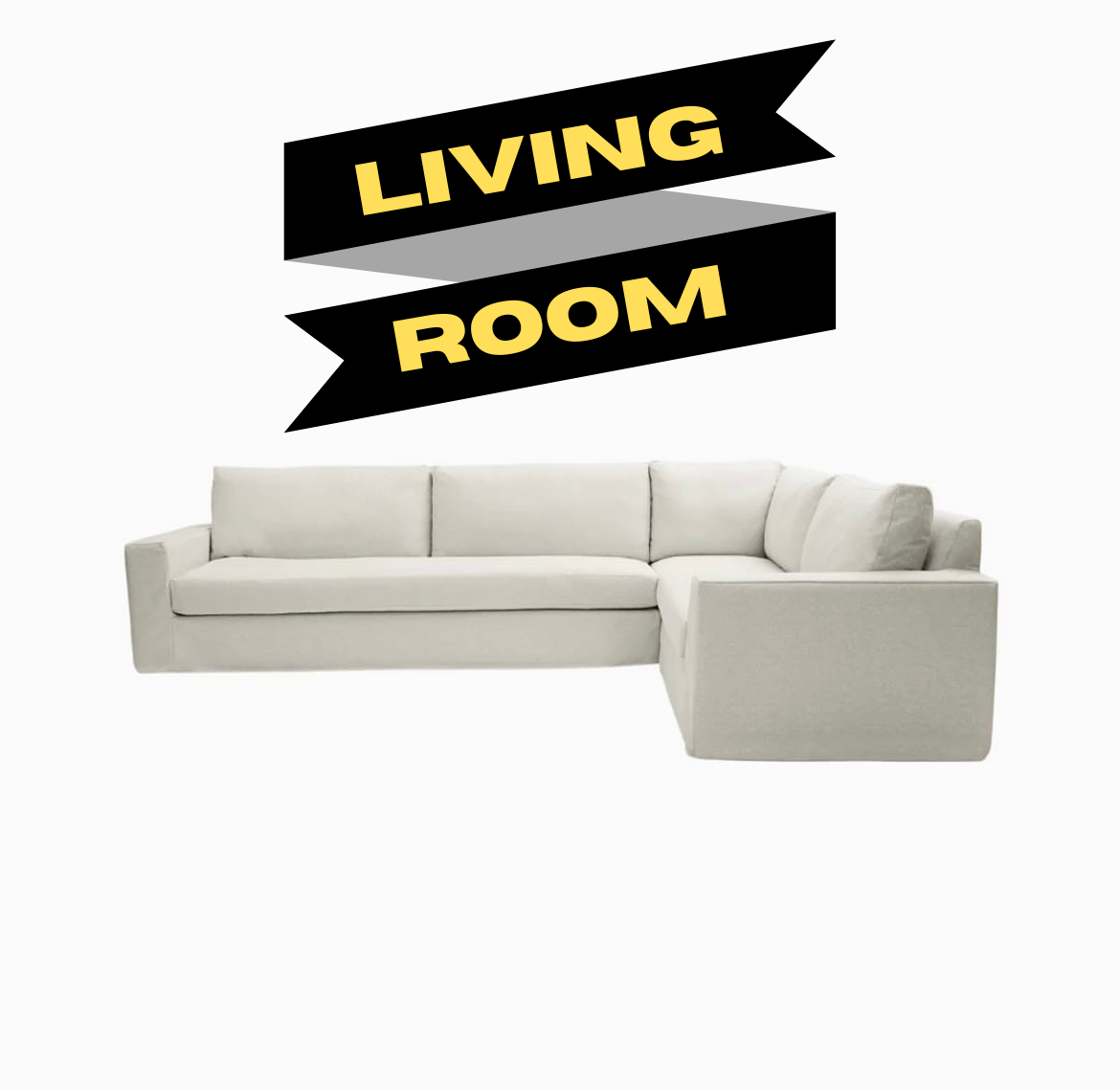 Light grey sectional sofa with 'Living Room' banner above.